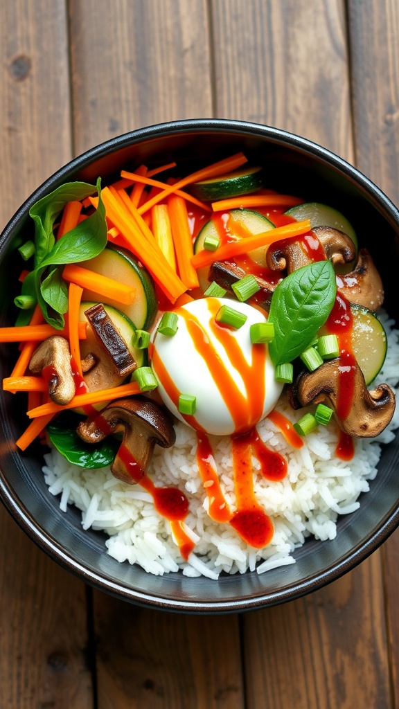 A colorful bowl of vegan bibimbap with vegetables and rice, garnished with sesame seeds and green onions.